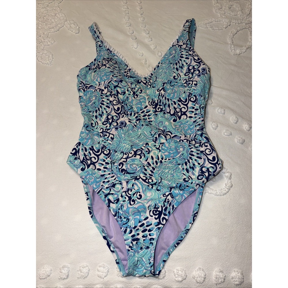 Lilly Pulitzer Araza One Piece Swimsuit Light Aqua Spritz Size 12 Coastal Resort